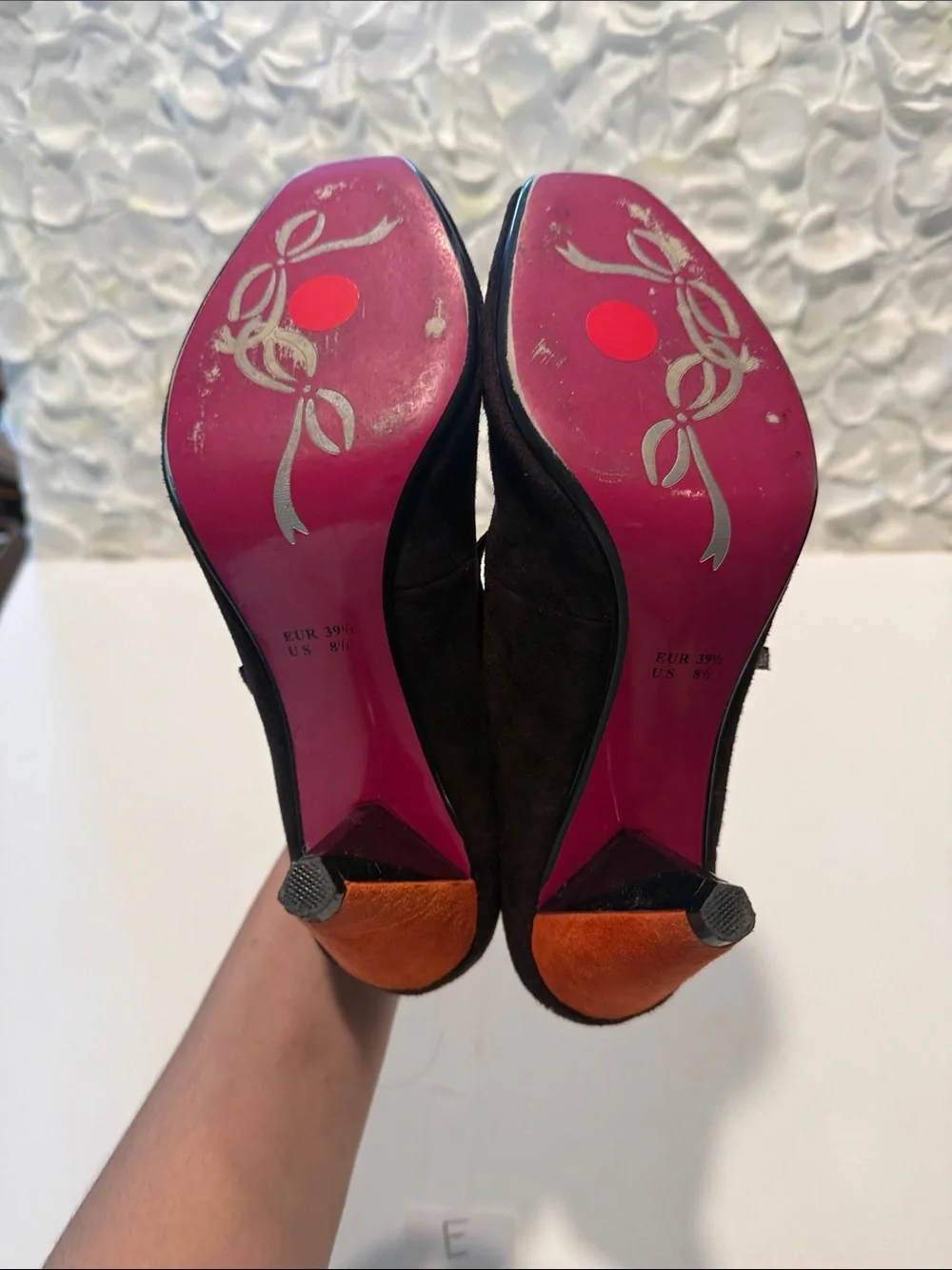 Poetic License Black Suede Mary Jane Heels with Orange Toe Caps